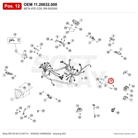 BETA ATE COIL RR-50/2000 – OEM 11.20632.000, position 12 on the Beta RR 50 MY12-MY14 wiring harness drawing