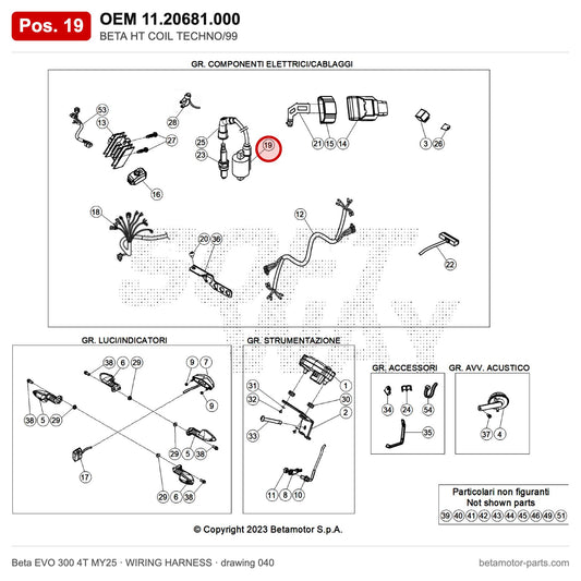 BETA HT COIL TECHNO/99 – OEM 11.20681.000, position 19 on the Beta EVO 300 4T MY25 wiring harness drawing