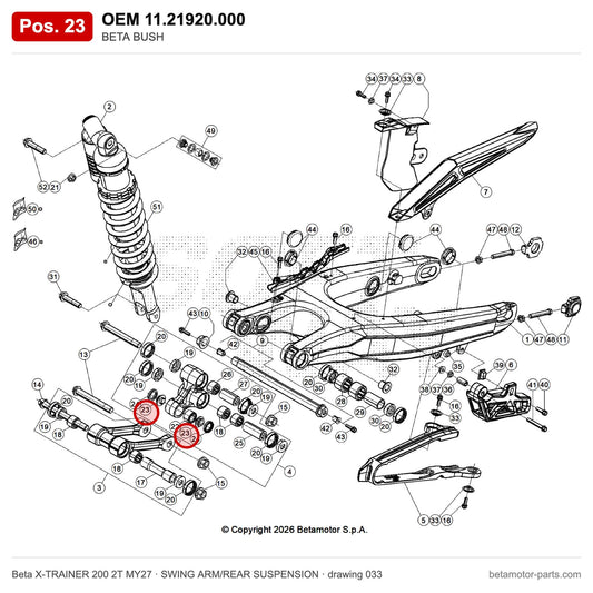BETA BUSH – OEM 11.21920.000, position 23 on the Beta X-TRAINER 200 2T MY27 swing arm/rear suspension drawing