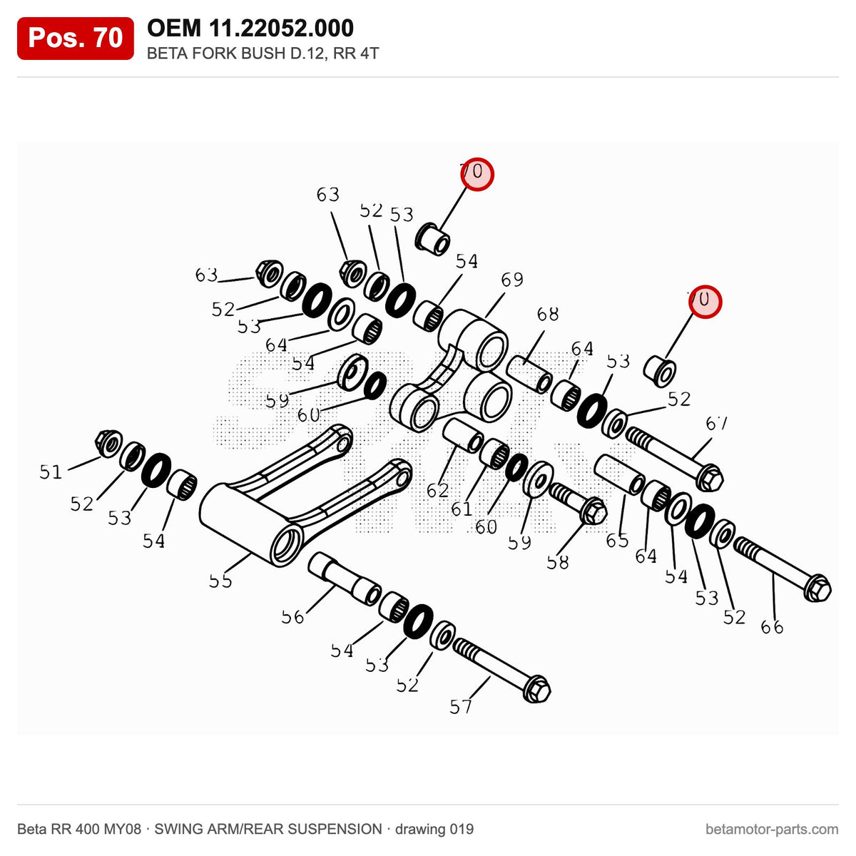 BETA FORK BUSH D.12, RR 4T – OEM 11.22052.000, position 70 on the Beta RR 400 MY08 swing arm/rear suspension drawing