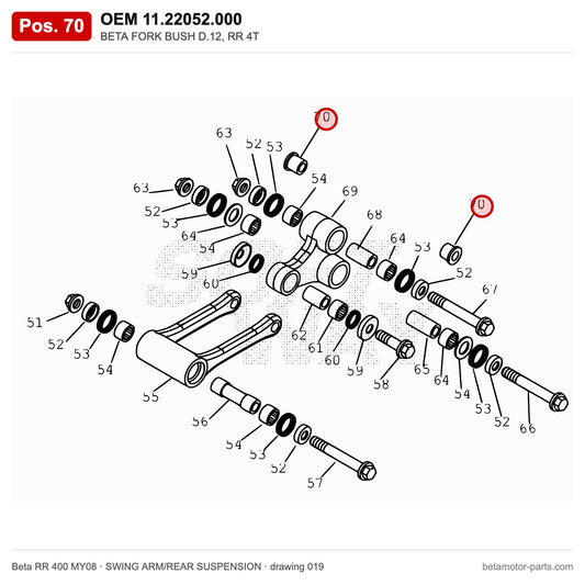 BETA FORK BUSH D.12, RR 4T – OEM 11.22052.000, position 70 on the Beta RR 400 MY08 swing arm/rear suspension drawing