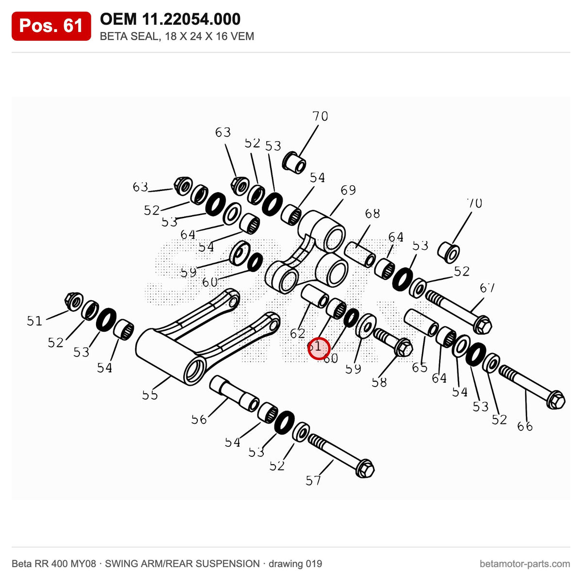 BETA SEAL, 18 X 24 X 16 VEM – OEM 11.22054.000, position 61 on the Beta RR 400 MY08 swing arm/rear suspension drawing