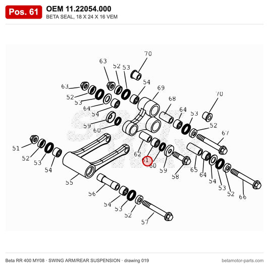 BETA SEAL, 18 X 24 X 16 VEM – OEM 11.22054.000, position 61 on the Beta RR 400 MY08 swing arm/rear suspension drawing