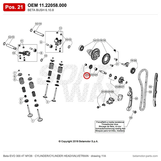 BETA BUSH 6.10.8 – OEM 11.22058.000, position 21 on the Beta EVO 300 4T MY26 cylinder/cylinder head/valvetrain drawing