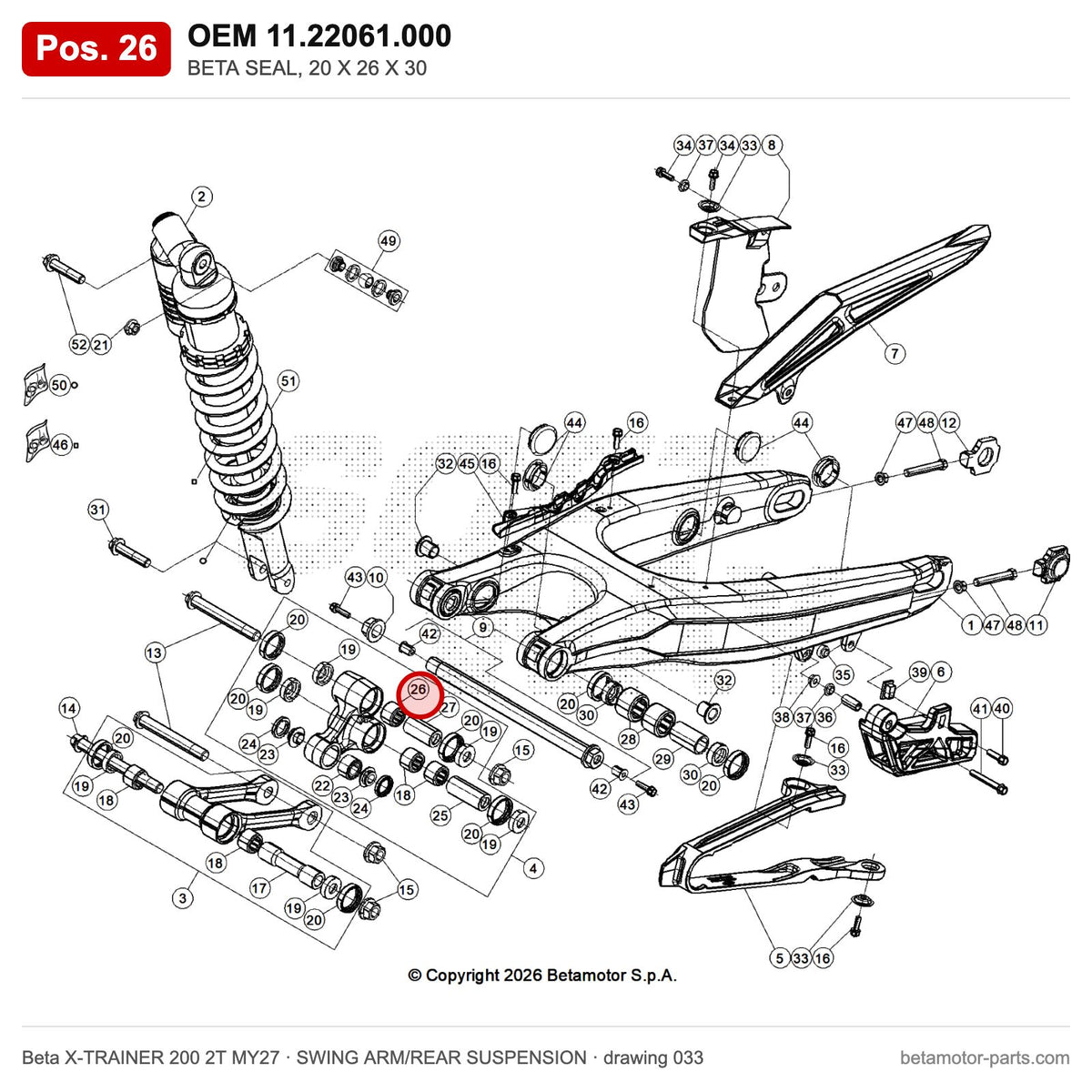 BETA SEAL, 20 X 26 X 30 – OEM 11.22061.000, position 26 on the Beta X-TRAINER 200 2T MY27 swing arm/rear suspension drawing