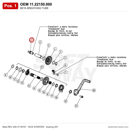 BETA BREATHING TUBE – OEM 11.22150.000, position 1 on the Beta REV 250 4T MY07 kick starter drawing