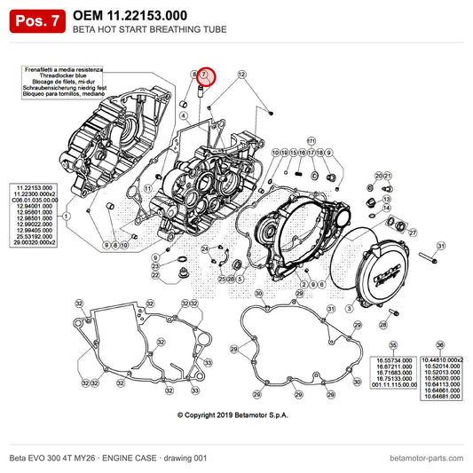 BETA HOT START BREATHING TUBE – OEM 11.22153.000, position 7 on the Beta EVO 300 4T MY26 engine case drawing