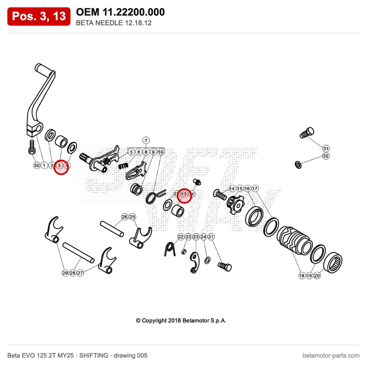BETA NEEDLE 12.18.12 – OEM 11.22200.000, positions 3,13 on the Beta EVO 125 2T MY25 shifting drawing