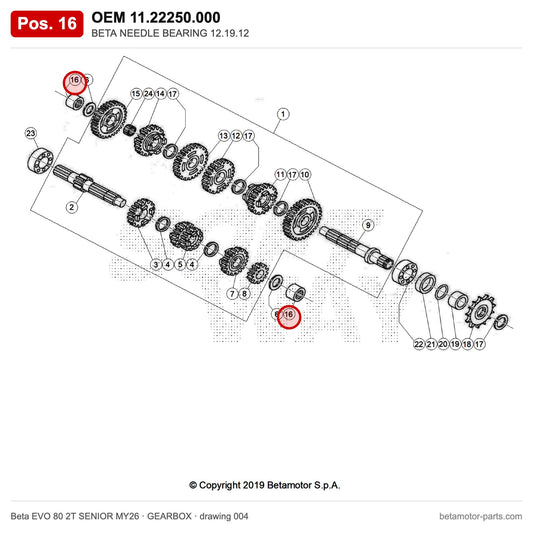 BETA NEEDLE BEARING 12.19.12 – OEM 11.22250.000, position 16 on the Beta EVO 80 2T SENIOR MY26 gearbox drawing