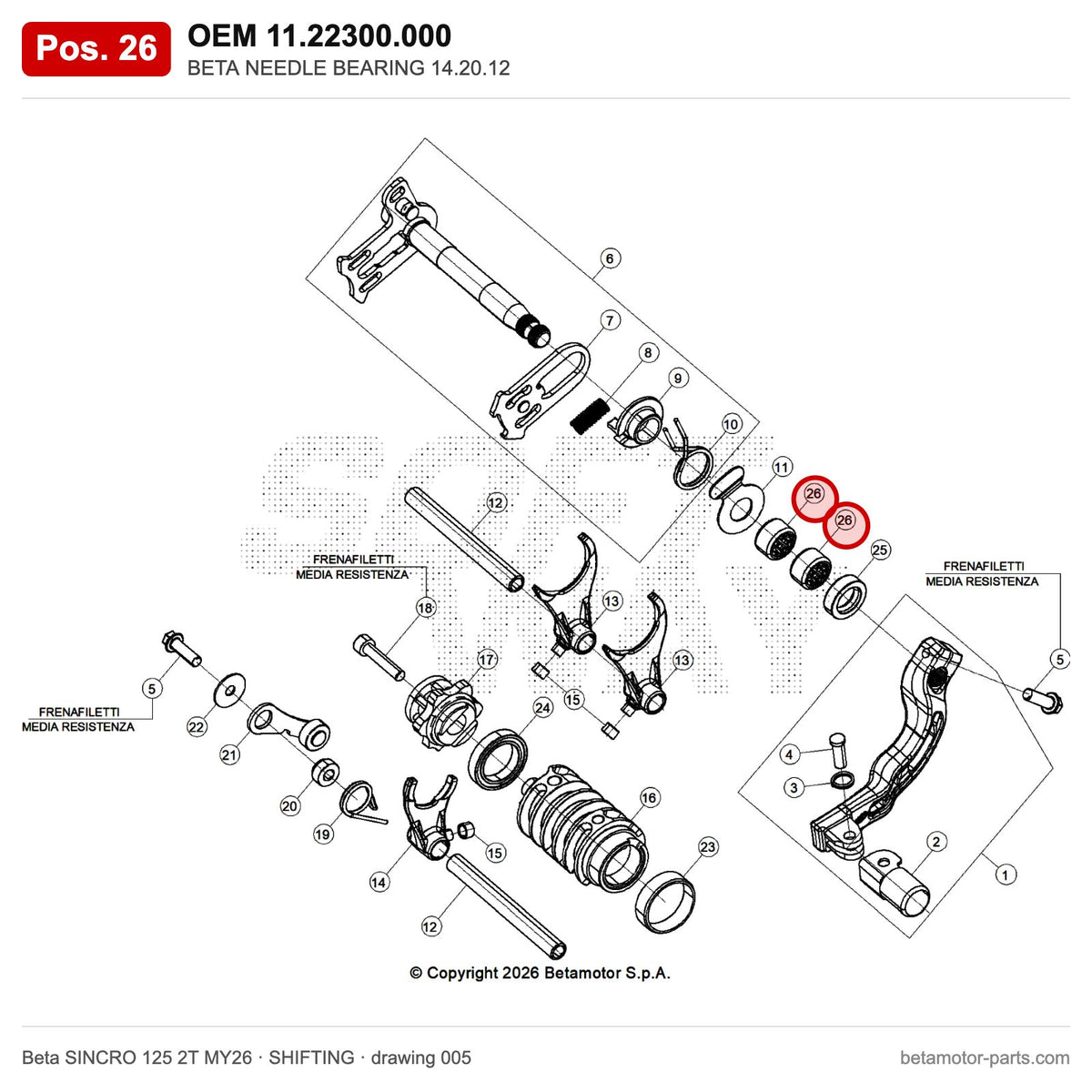 BETA NEEDLE BEARING 14.20.12 – OEM 11.22300.000, position 26 on the Beta SINCRO 125 2T MY26 shifting drawing