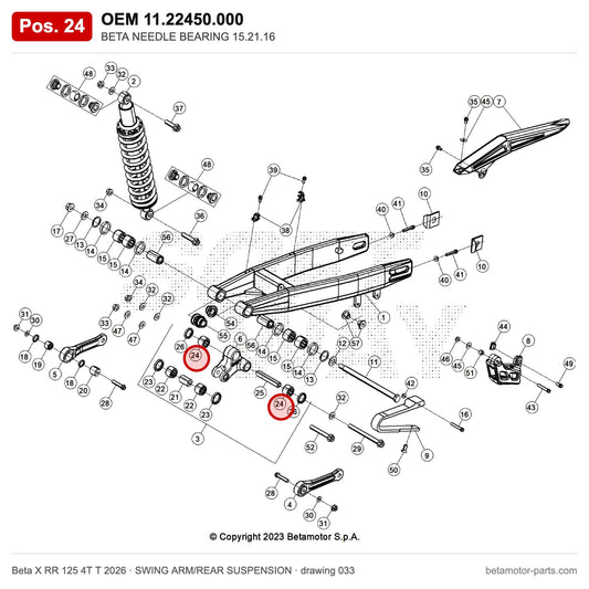 BETA NEEDLE BEARING 15.21.16 – OEM 11.22450.000, position 24 on the Beta X RR 125 4T T 2026 swing arm/rear suspension drawing