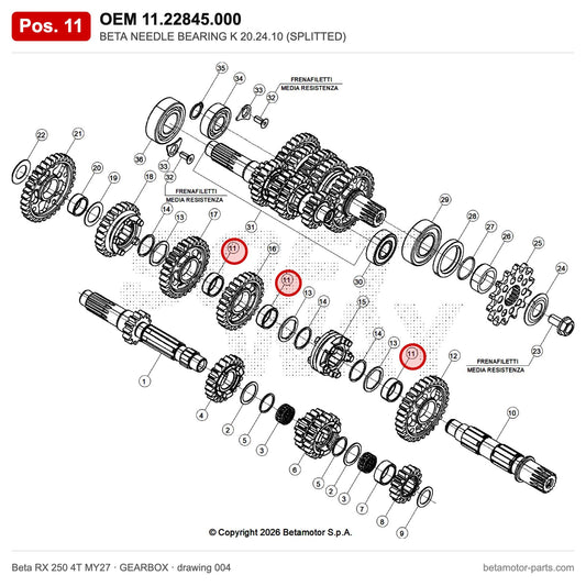 BETA NEEDLE BEARING K 20.24.10 (SPLITTED) – OEM 11.22845.000, position 11 on the Beta RX 250 4T MY27 gearbox drawing