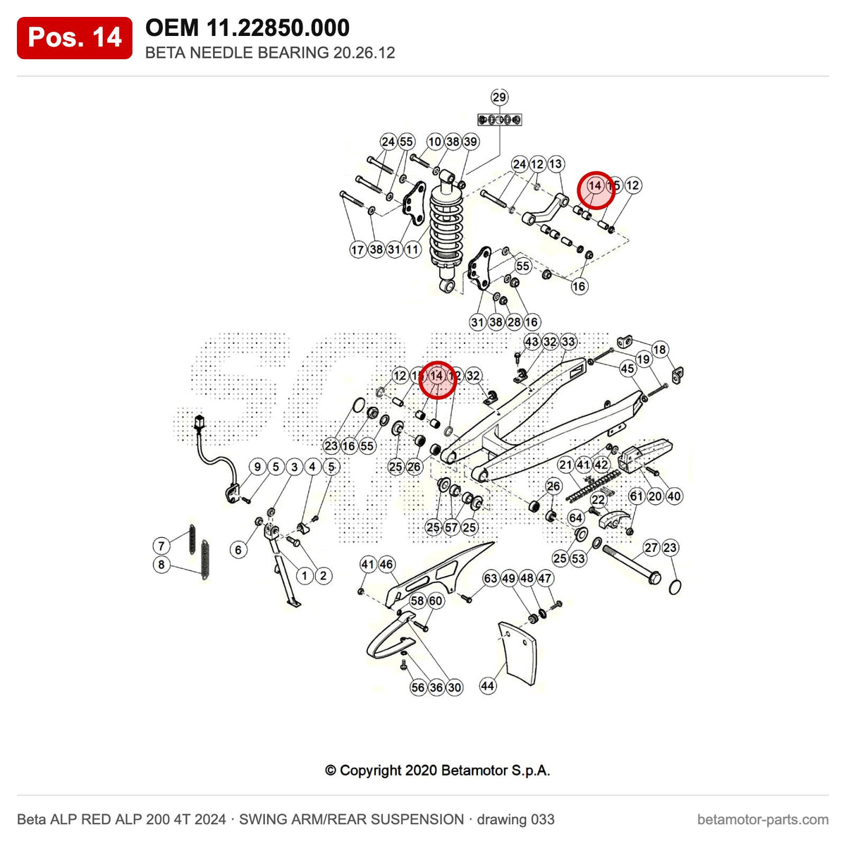BETA NEEDLE BEARING 20.26.12 – OEM 11.22850.000, position 14 on the Beta ALP RED ALP 200 4T 2024 swing arm/rear suspension drawing