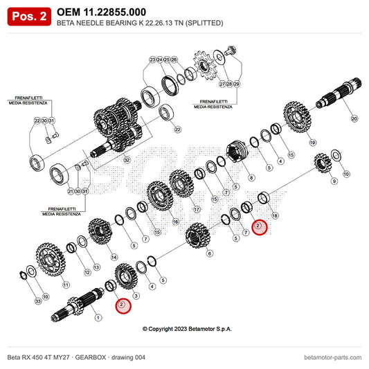 BETA NEEDLE BEARING K 22.26.13 TN (SPLITTED) – OEM 11.22855.000, position 2 on the Beta RX 450 4T MY27 gearbox drawing