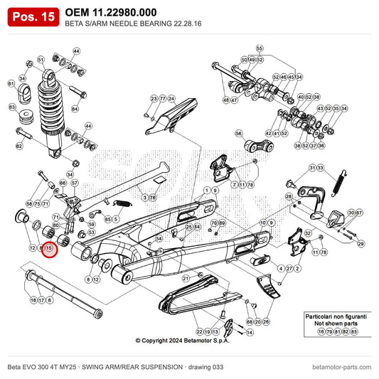 BETA S/ARM NEEDLE BEARING 22.28.16 – OEM 11.22980.000, position 15 on the Beta EVO 300 4T MY25 swing arm/rear suspension drawing