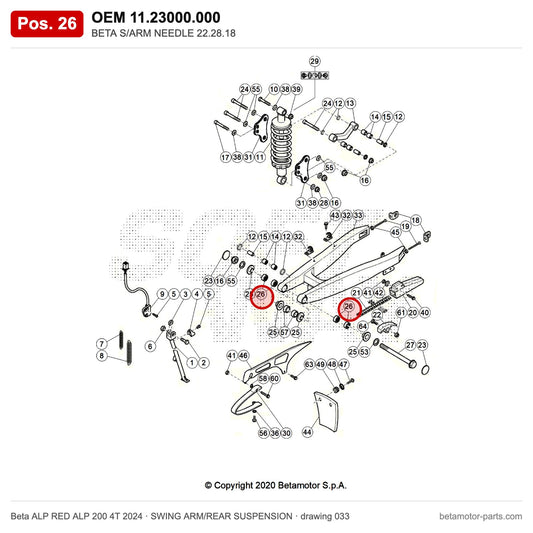 BETA S/ARM NEEDLE 22.28.18 – OEM 11.23000.000, position 26 on the Beta ALP RED ALP 200 4T 2024 swing arm/rear suspension drawing