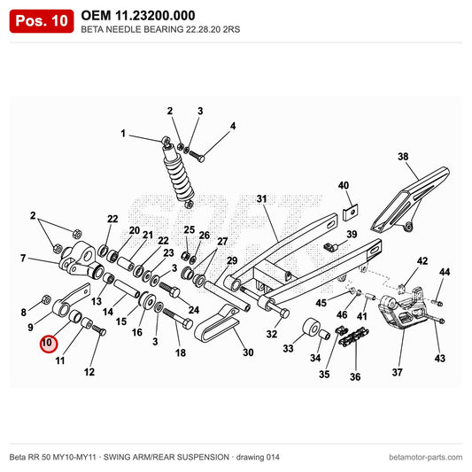 BETA NEEDLE BEARING 22.28.20 2RS – OEM 11.23200.000, position 10 on the Beta RR 50 MY10-MY11 swing arm/rear suspension drawing