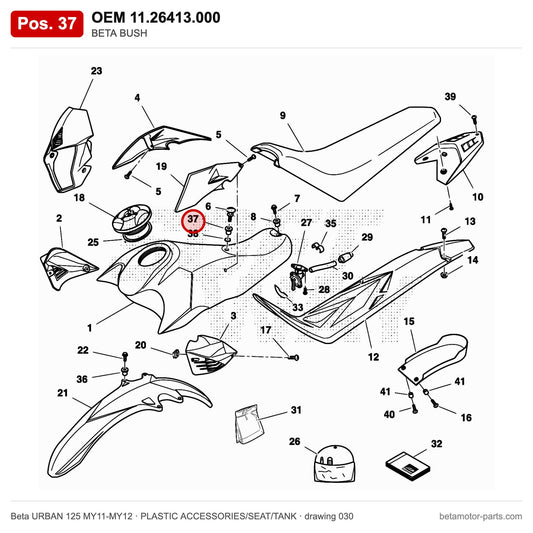 BETA BUSH – OEM 11.26413.000, position 37 on the Beta URBAN 125 MY11-MY12 plastic accessories/seat/tank drawing