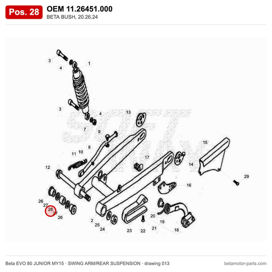 BETA BUSH, 20.26.24 – OEM 11.26451.000, position 28 on the Beta EVO 80 JUNIOR MY15 swing arm/rear suspension drawing