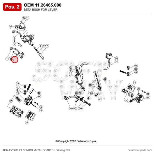 BETA BUSH FOR LEVER – OEM 11.26465.000, position 2 on the Beta EVO 80 2T SENIOR MY26 brakes drawing