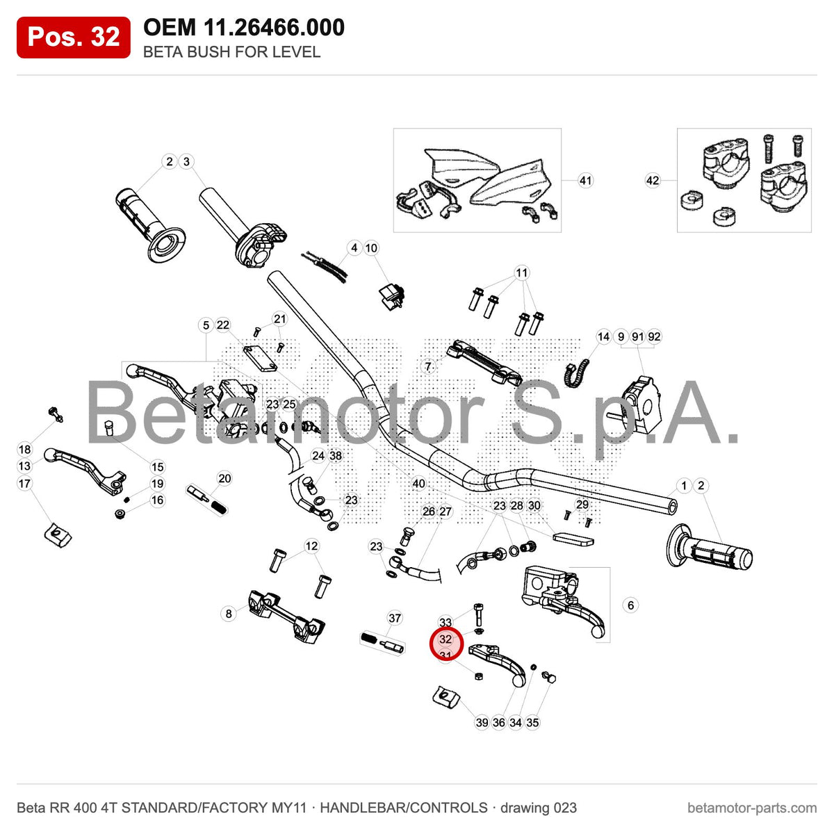 BETA BUSH FOR LEVEL – OEM 11.26466.000, position 32 on the Beta RR 400 4T STANDARD/FACTORY MY11 handlebar/controls drawing