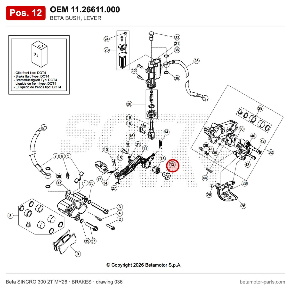 BETA BUSH, LEVER – OEM 11.26611.000, position 12 on the Beta SINCRO 300 2T MY26 brakes drawing