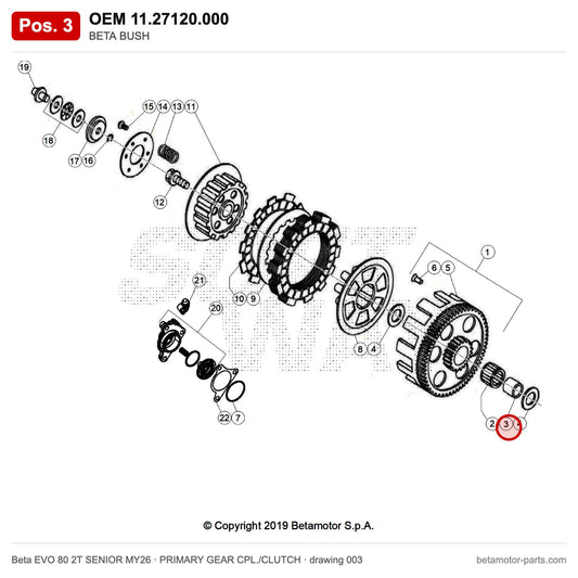 BETA BUSH – OEM 11.27120.000, position 3 on the Beta EVO 80 2T SENIOR MY26 primary gear cpl./clutch drawing