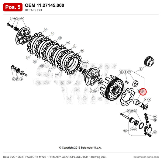 BETA BUSH – OEM 11.27145.000, position 5 on the Beta EVO 125 2T FACTORY MY25 primary gear cpl./clutch drawing