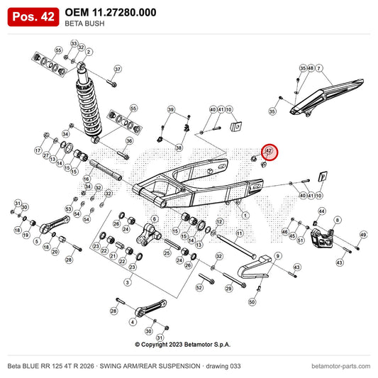BETA BUSH – OEM 11.27280.000, position 42 on the Beta BLUE RR 125 4T R 2026 swing arm/rear suspension drawing