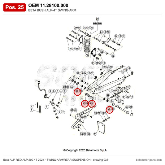 BETA BUSH ALP-4T SWING-ARM – OEM 11.28100.000, position 25 on the Beta ALP RED ALP 200 4T 2024 swing arm/rear suspension drawing
