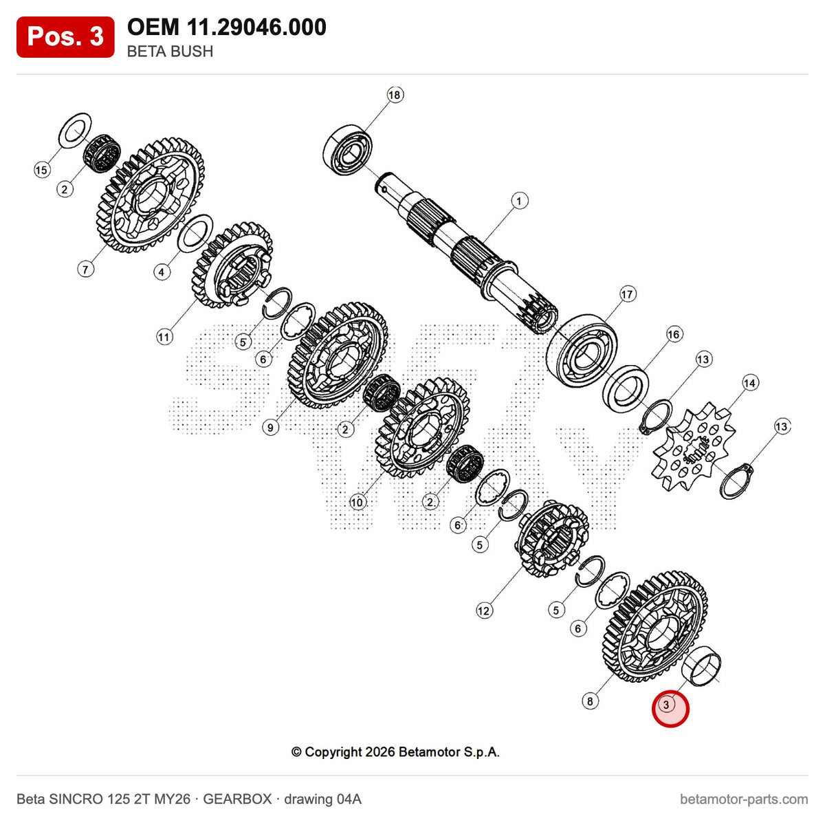 BETA BUSH – OEM 11.29046.000, position 3 on the Beta SINCRO 125 2T MY26 gearbox drawing