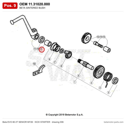 BETA SINTERED BUSH – OEM 11.31020.000, position 9 on the Beta EVO 80 2T SENIOR MY26 kick starter drawing