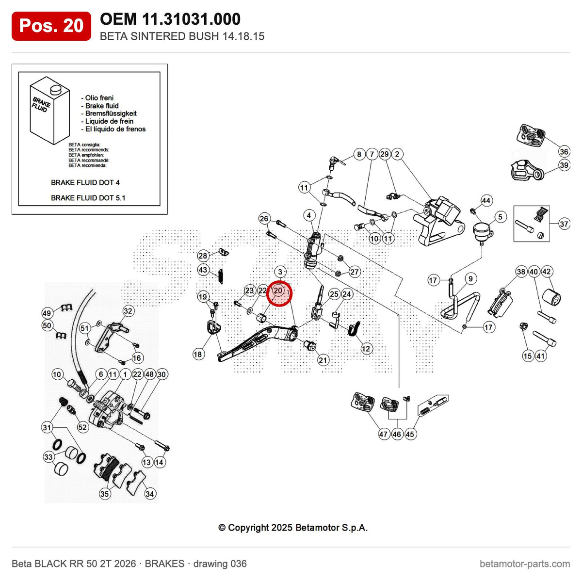 BETA SINTERED BUSH 14.18.15 – OEM 11.31031.000, position 20 on the Beta BLACK RR 50 2T 2026 brakes drawing