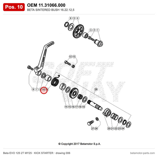 BETA SINTERED BUSH 16.22.12,5 – OEM 11.31066.000, position 10 on the Beta EVO 125 2T MY25 kick starter drawing