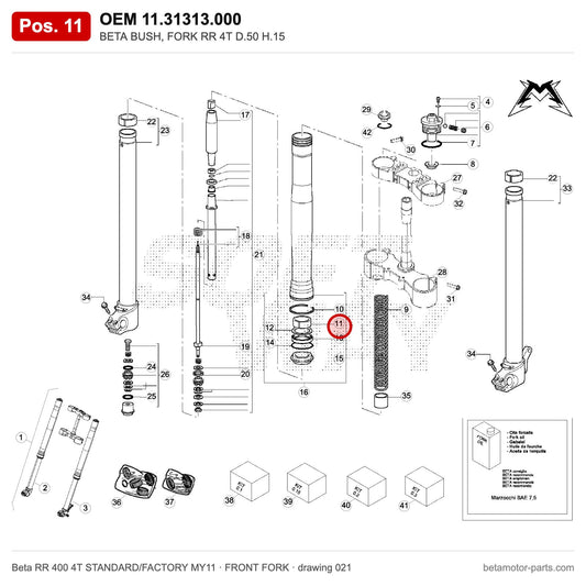 BETA BUSH, FORK RR 4T D.50 H.15 – OEM 11.31313.000, position 11 on the Beta RR 400 4T STANDARD/FACTORY MY11 front fork drawing