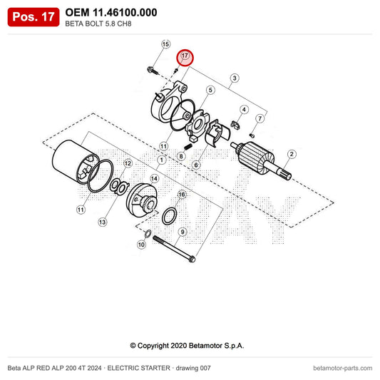 BETA BOLT 5.8 CH8 – OEM 11.46100.000, position 17 on the Beta ALP RED ALP 200 4T 2024 elettricstarter drawing
