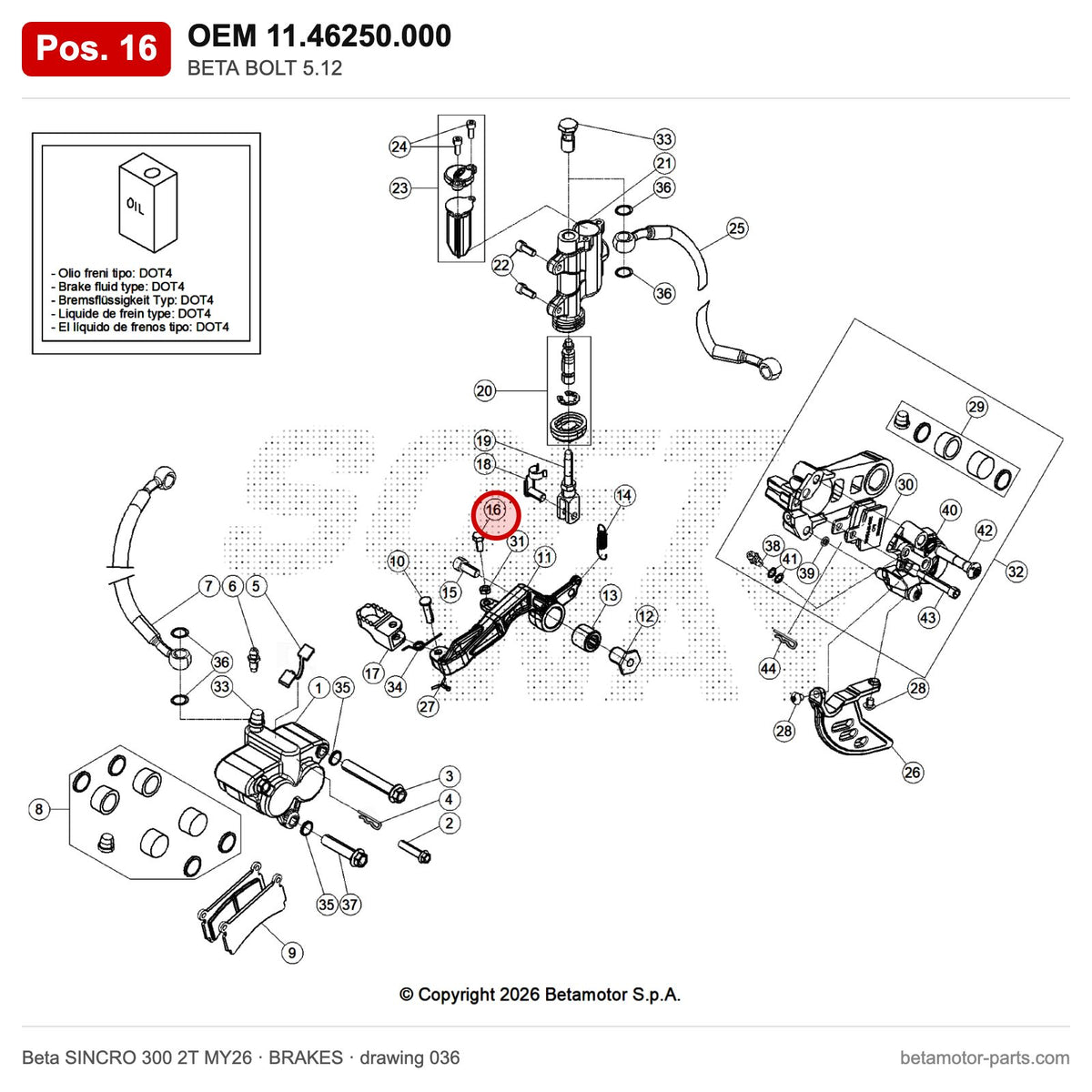 BETA BOLT 5.12 – OEM 11.46250.000, position 16 on the Beta SINCRO 300 2T MY26 brakes drawing