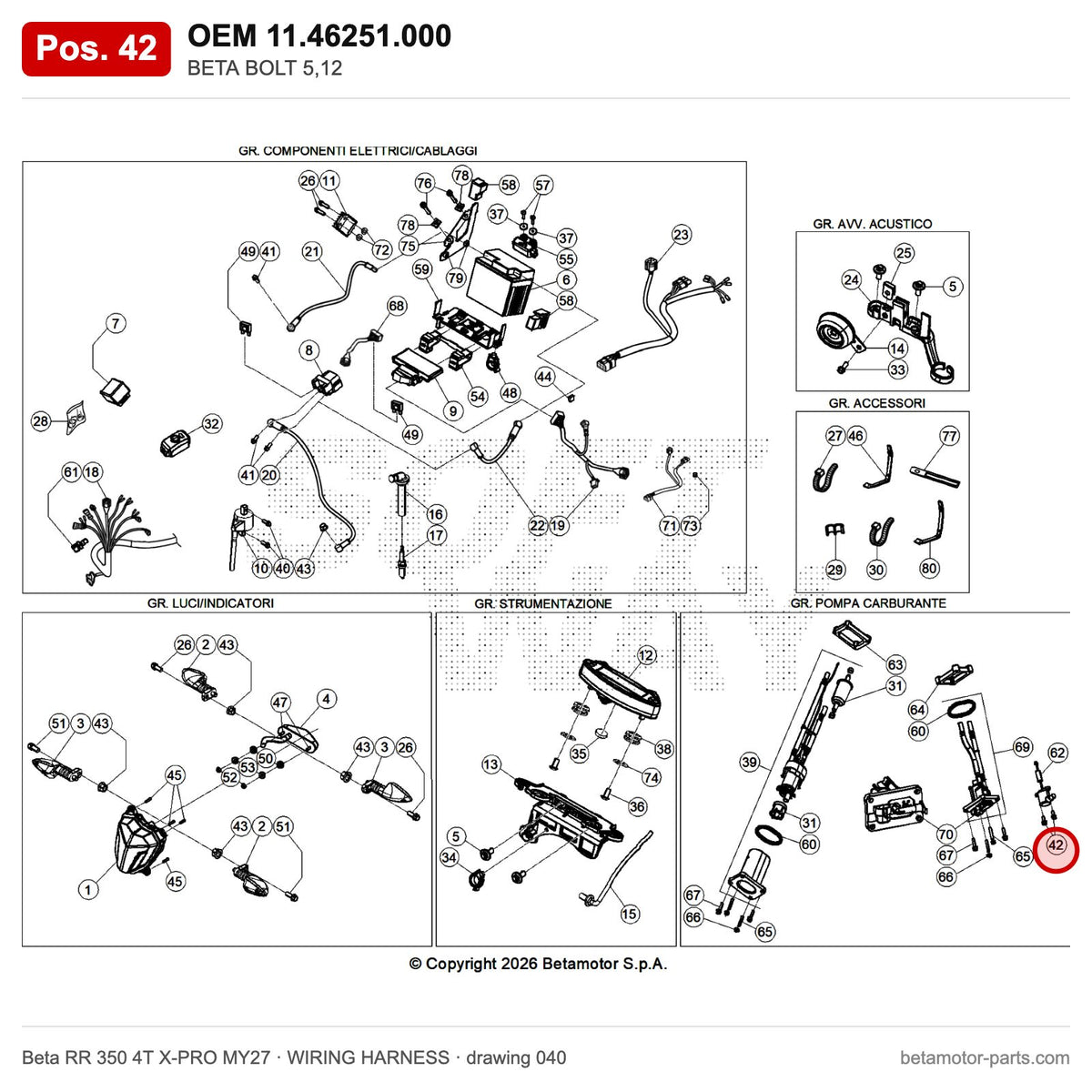 BETA BOLT 5,12 – OEM 11.46251.000, position 42 on the Beta RR 350 4T X-PRO MY27 wiring harness drawing