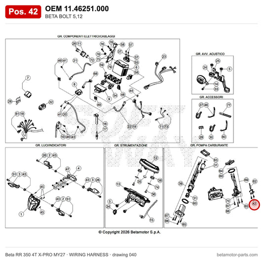 BETA BOLT 5,12 – OEM 11.46251.000, position 42 on the Beta RR 350 4T X-PRO MY27 wiring harness drawing