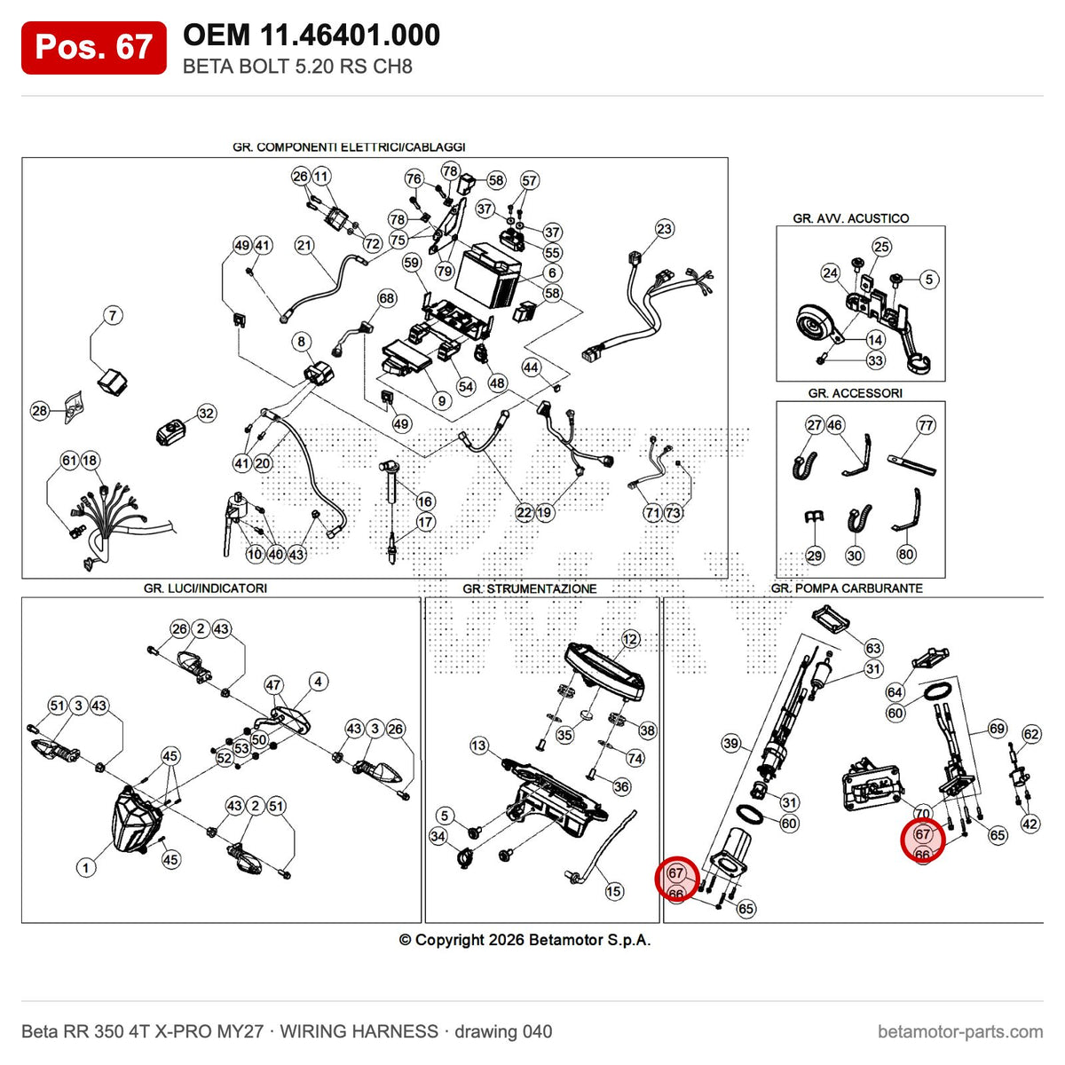 BETA BOLT 5.20 RS CH8 – OEM 11.46401.000, position 67 on the Beta RR 350 4T X-PRO MY27 wiring harness drawing