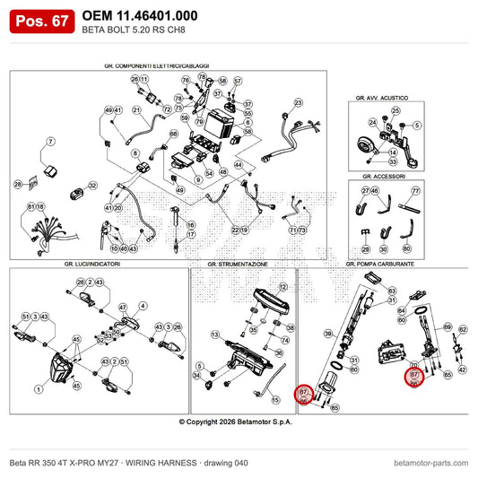 BETA BOLT 5.20 RS CH8 – OEM 11.46401.000, position 67 on the Beta RR 350 4T X-PRO MY27 wiring harness drawing