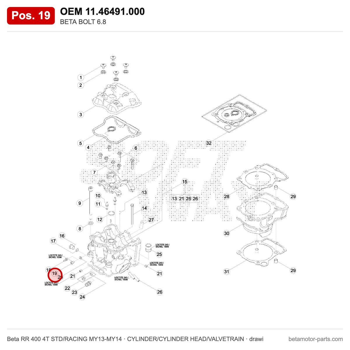BETA BOLT 6.8 – OEM 11.46491.000, position 19 on the Beta RR 400 4T STD/RACING MY13-MY14 cylinder/cylinder head/valvetrain drawing