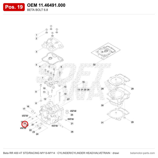 BETA BOLT 6.8 – OEM 11.46491.000, position 19 on the Beta RR 400 4T STD/RACING MY13-MY14 cylinder/cylinder head/valvetrain drawing