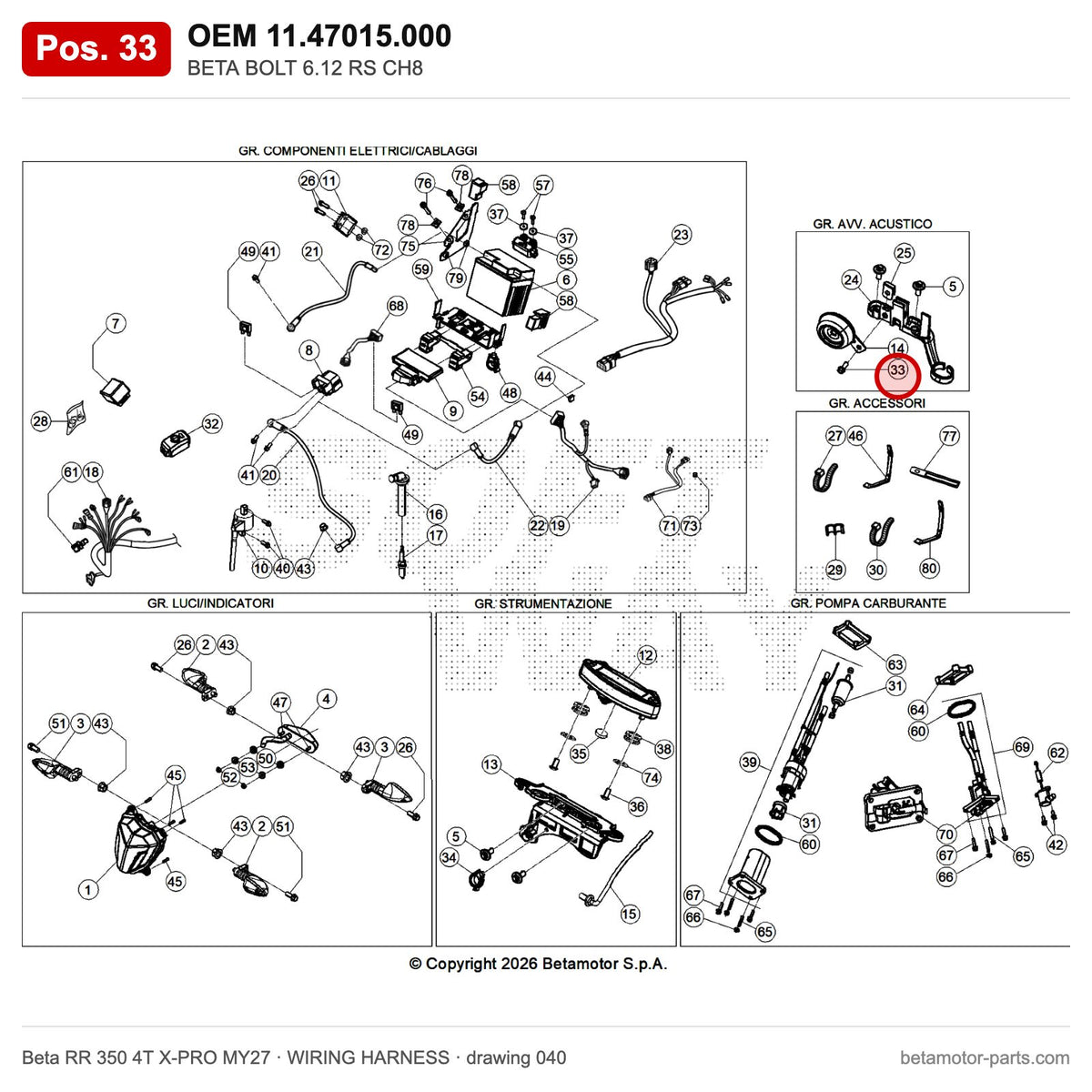 BETA BOLT 6.12 RS CH8 – OEM 11.47015.000, position 33 on the Beta RR 350 4T X-PRO MY27 wiring harness drawing