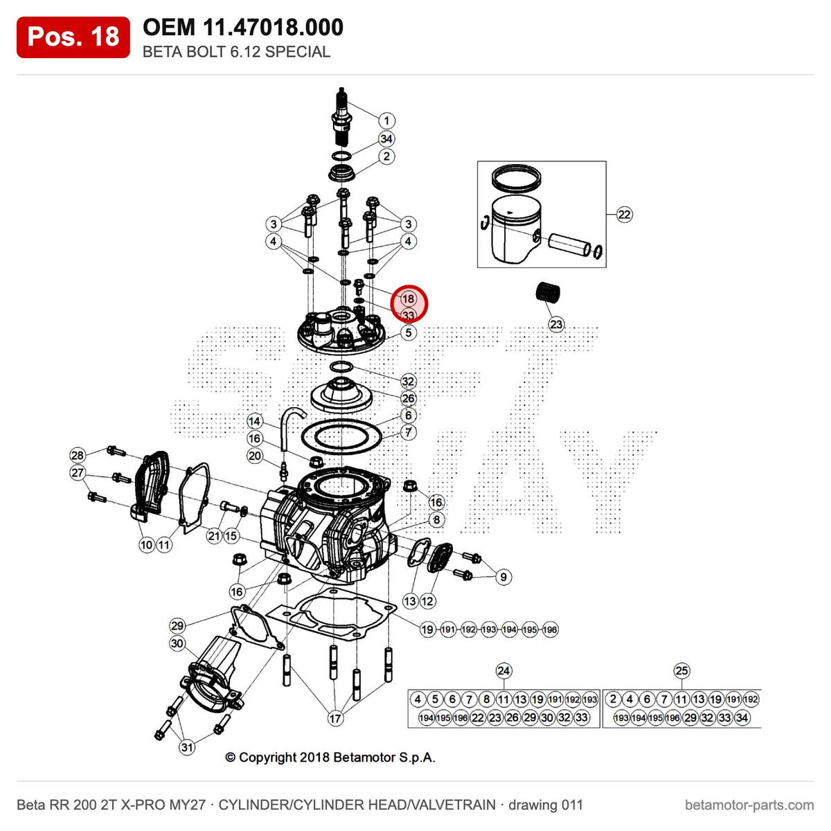BETA BOLT 6.12 SPECIAL – OEM 11.47018.000, position 18 on the Beta RR 200 2T X-PRO MY27 cylinder/cylinder head/valvetrain drawing