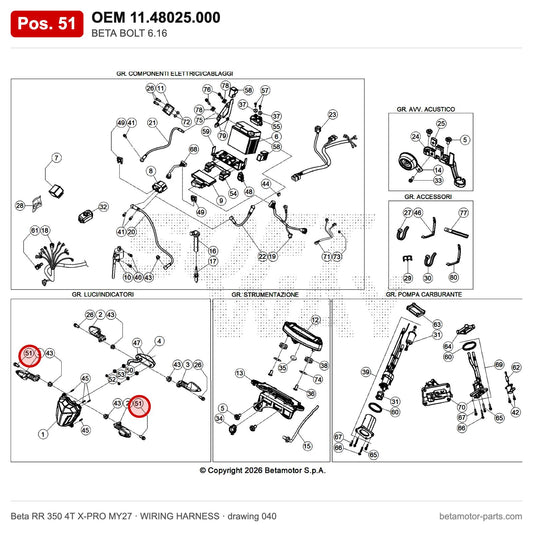 BETA BOLT 6.16 – OEM 11.48025.000, position 51 on the Beta RR 350 4T X-PRO MY27 wiring harness drawing