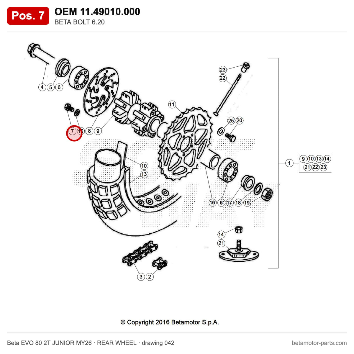 BETA BOLT 6.20 – OEM 11.49010.000, position 7 on the Beta EVO 80 2T JUNIOR MY26 rear wheel drawing