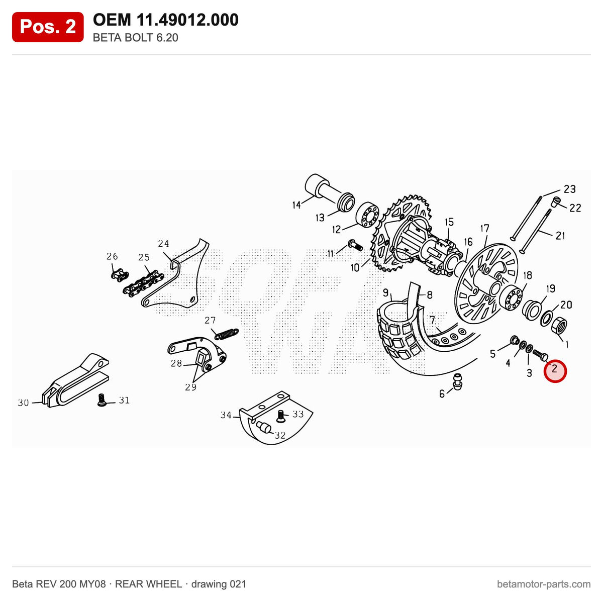 BETA BOLT 6.20 – OEM 11.49012.000, position 2 on the Beta REV 200 MY08 rear wheel drawing