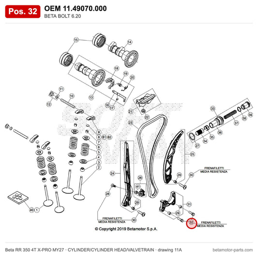 BETA BOLT 6.20 – OEM 11.49070.000, position 32 on the Beta RR 350 4T X-PRO MY27 cylinder/cylinder head/valvetrain drawing