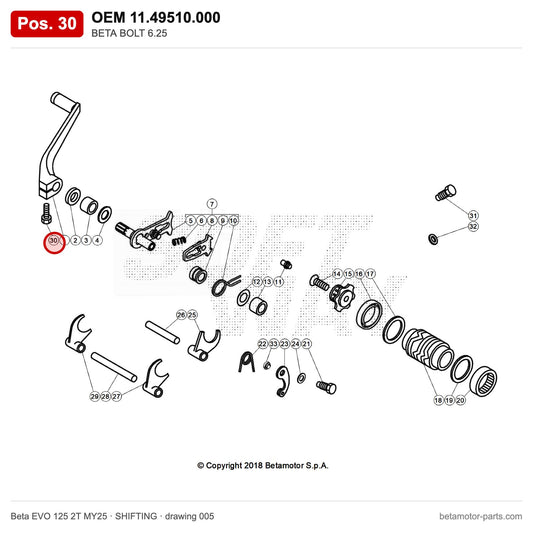 BETA BOLT 6.25 – OEM 11.49510.000, position 30 on the Beta EVO 125 2T MY25 shifting drawing